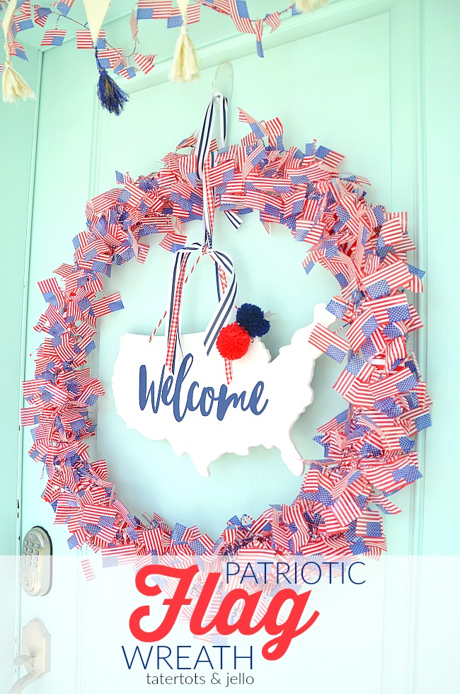 Patriotic Flag Wreath Tutorial. Make a red white and blue flag wreath with inexpensive flag garlands. Easy patriotic wreath tutorial to make your door SHINE for The Fourth! 