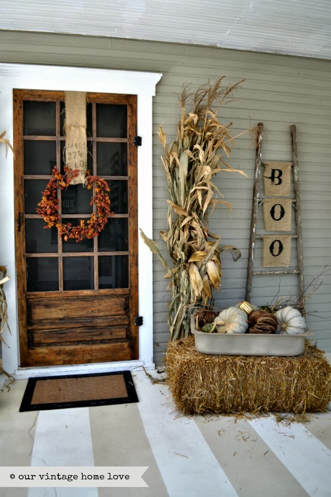 Rustic fall porch at Our Vintage Home Love.