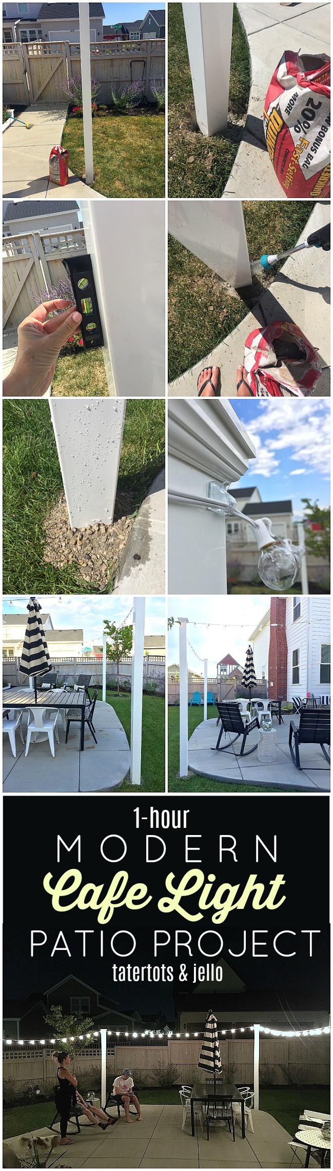 1 hour modern cafe light patio project. Use vinyl fence posts to create a modern way to display cafe lights in your yard. 