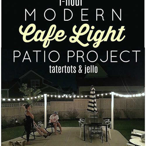 1 hour modern cafe light patio project. Use vinyl fence posts to create a modern way to display cafe lights in your yard.
