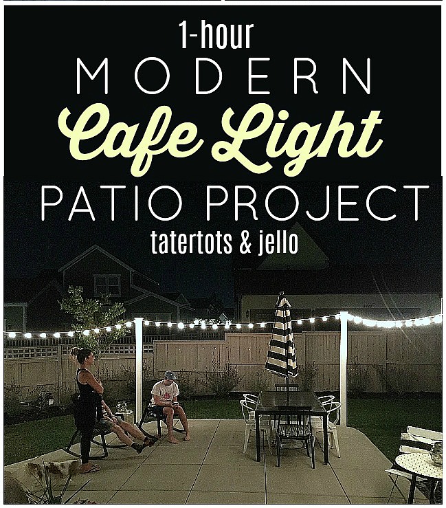 1 hour modern cafe light patio project. Use vinyl fence posts to create a modern way to display cafe lights in your yard. 