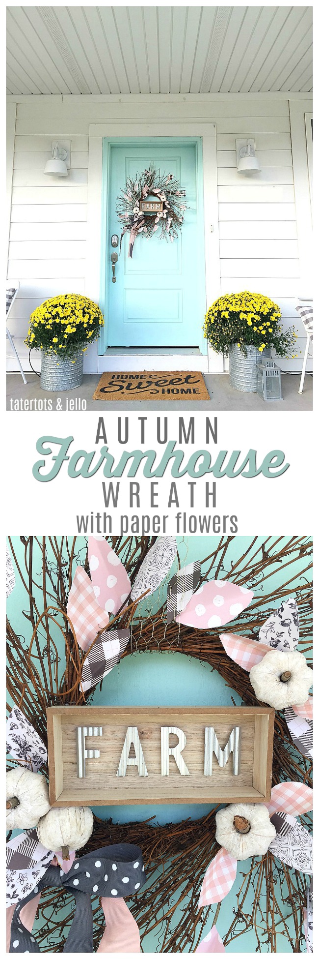 Farmhouse Autumn Wreath with paper flowers. Make a neutral farmhouse-style wreath with little pupkins and leaves made out of paper. 