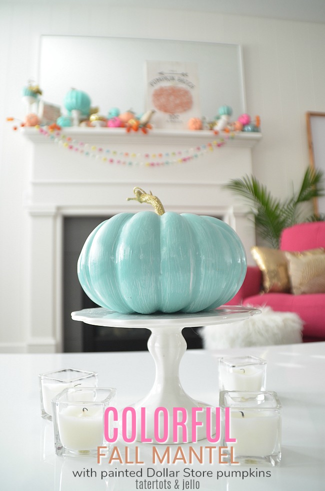 Colorful Fall Mantel with Painted Foam Pumpkins. Paint inexpensive pumpkins bright colors for a unexpected colorful fall mantel!