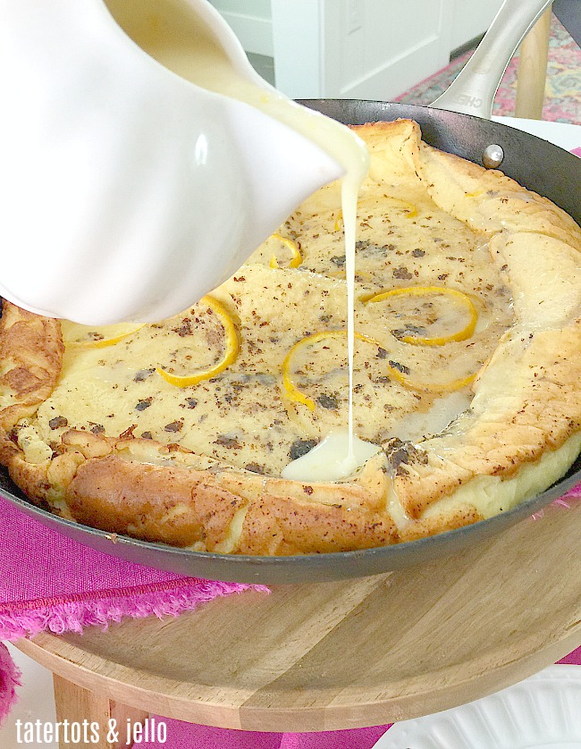 Orange Dutch Baby with Citrus Glaze. Dutch babies are giant pancakes that bake up in a skillet light and fluffy. Pour the citrus glaze over the top and serve! 