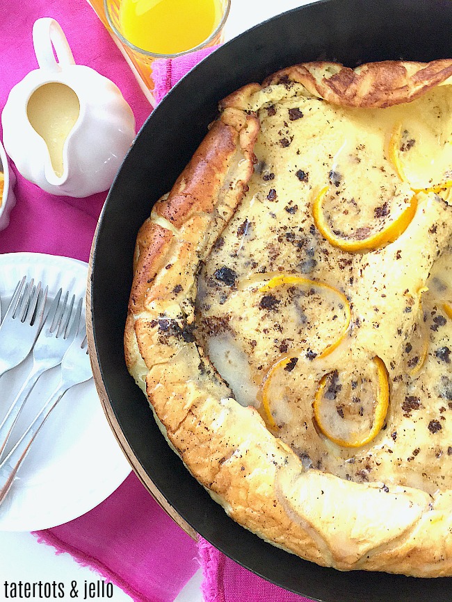 Orange Dutch Baby with Citrus Glaze. Dutch babies are giant pancakes that bake up in a skillet light and fluffy. Pour the citrus glaze over the top and serve! 