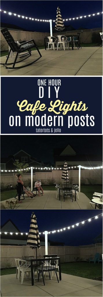 1 hour modern cafe light patio project. Use vinyl fence posts to create a modern way to display cafe lights in your yard.