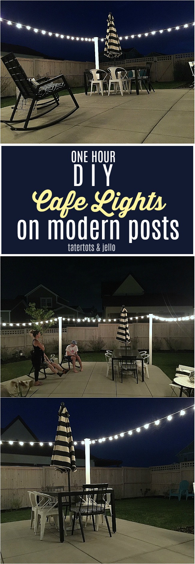 1 hour modern cafe light patio project. Use vinyl fence posts to create a modern way to display cafe lights in your yard. 