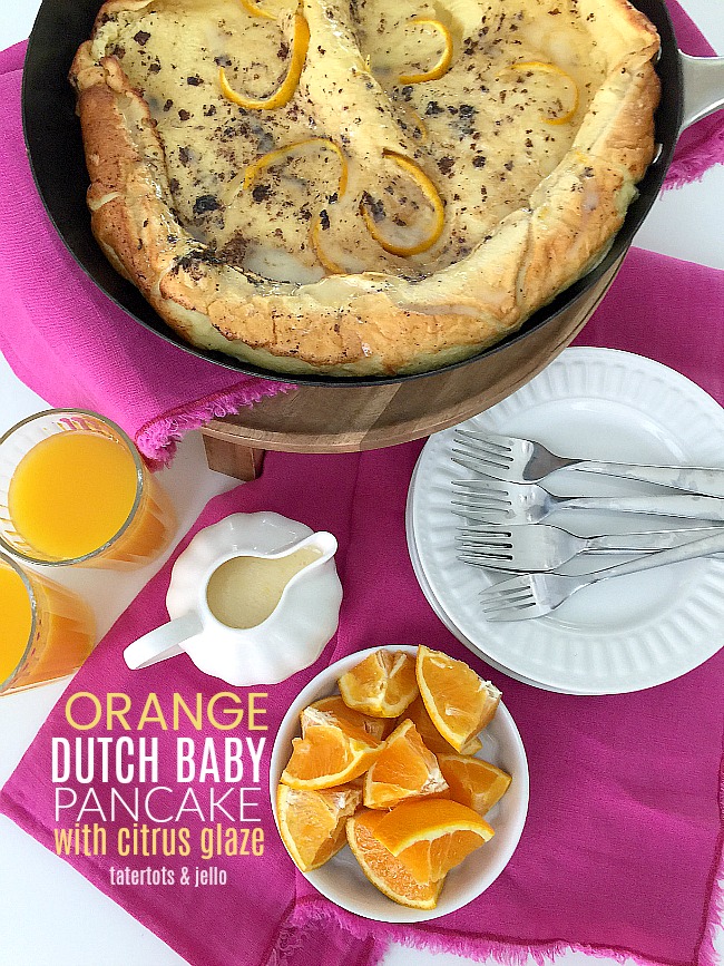 Orange Dutch Baby with Citrus Glaze. Dutch babies are giant pancakes that bake up in a skillet light and fluffy. Pour the citrus glaze over the top and serve! 