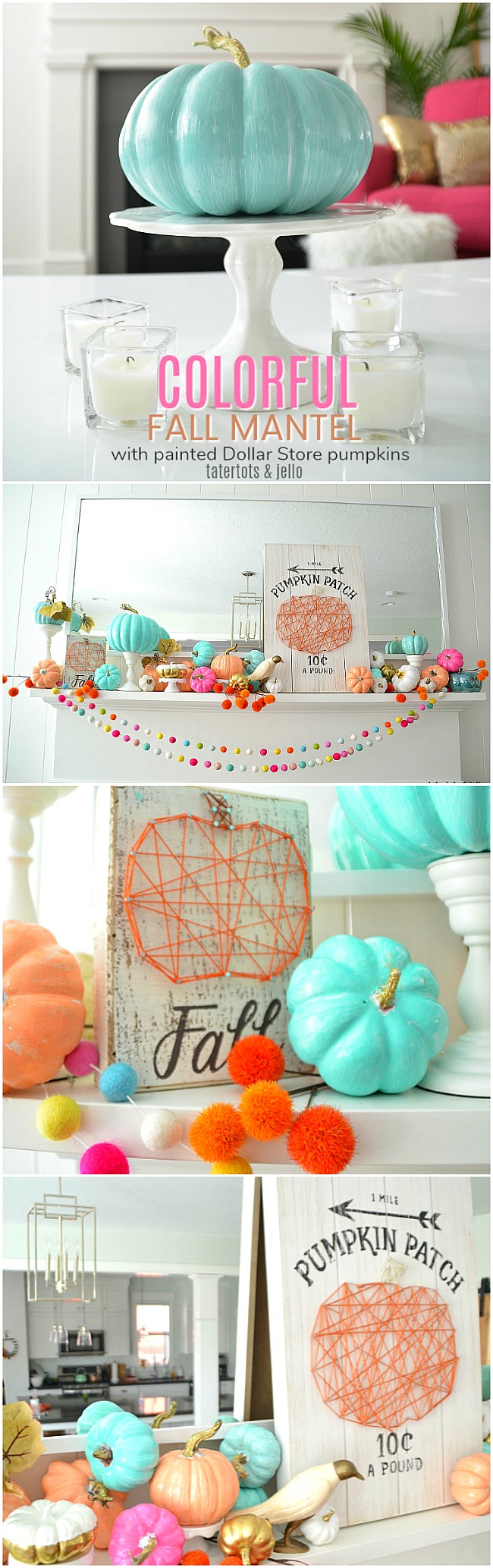 Paint inexpensive dollar tree pumpkins a bright color for a happy fall mantel!
