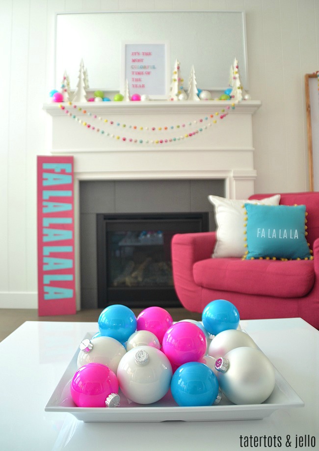 colorful bright modern holiday mantel 