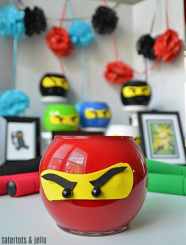 Ninja Ninjago party lanterns are the perfect craft for a ninja party. Have kids make one in their favorite NINJA color. They can take it home and use it as a nightlight. 