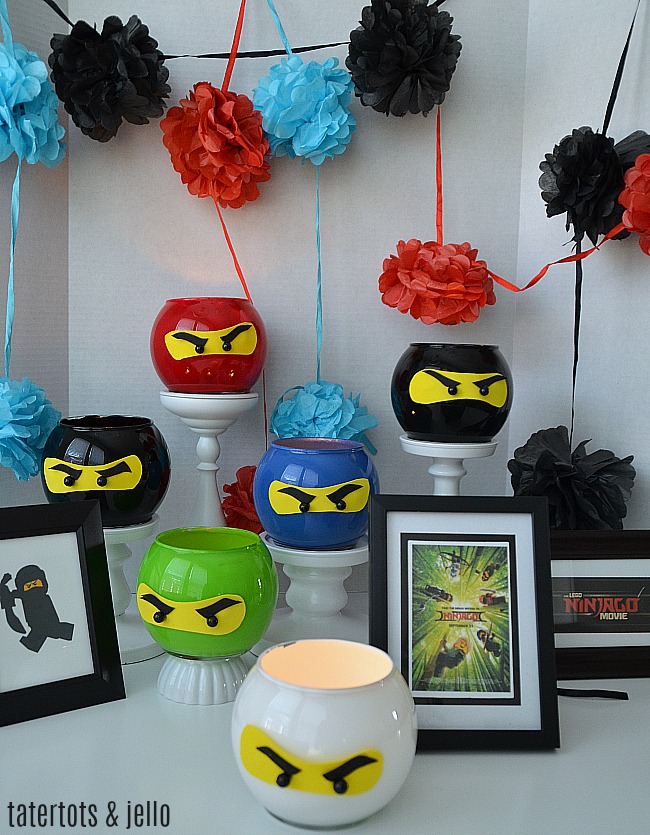 Ninja Ninjago party lanterns are the perfect craft for a ninja party. Have kids make one in their favorite NINJA color. They can take it home and use it as a nightlight. 