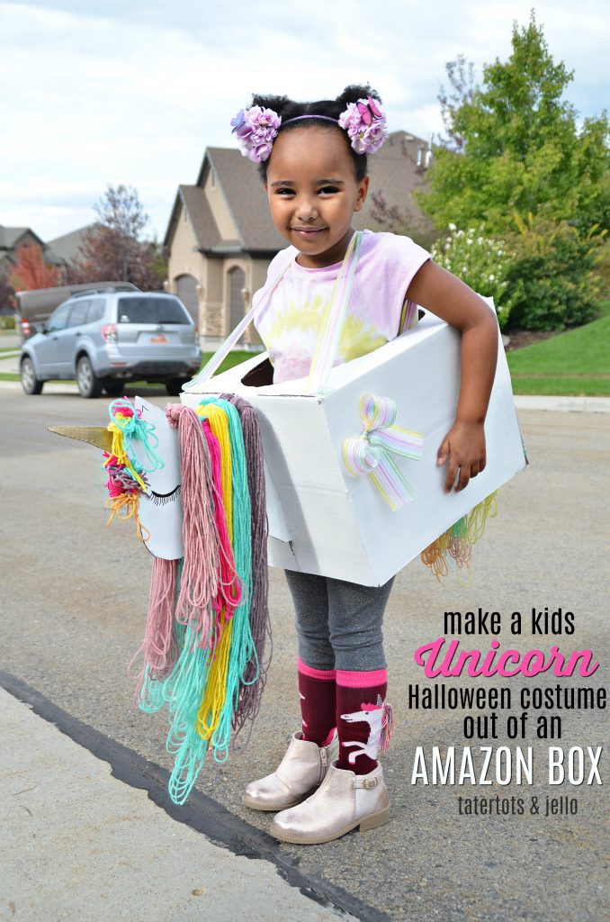 Kids Unicorn Halloween Costume Out of Amazon Smile Boxes - with free Unicorn Head Template!