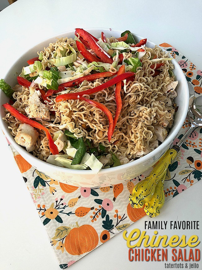 Chinese Chicken Salad is a family secret. Full of crisp cabbage, veggies, filling chicken breasts and topped with ramen noodles. Kids AND parents love it!