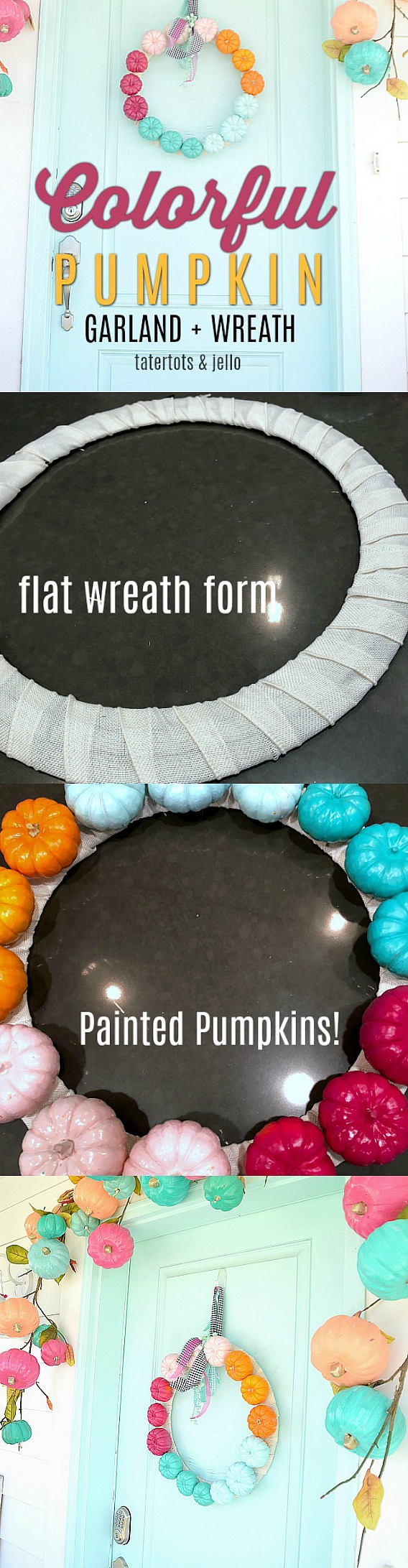 Colorful Rainbow Pumpkin Wreath. Paint pumpkins for a simple bright fall wreath!