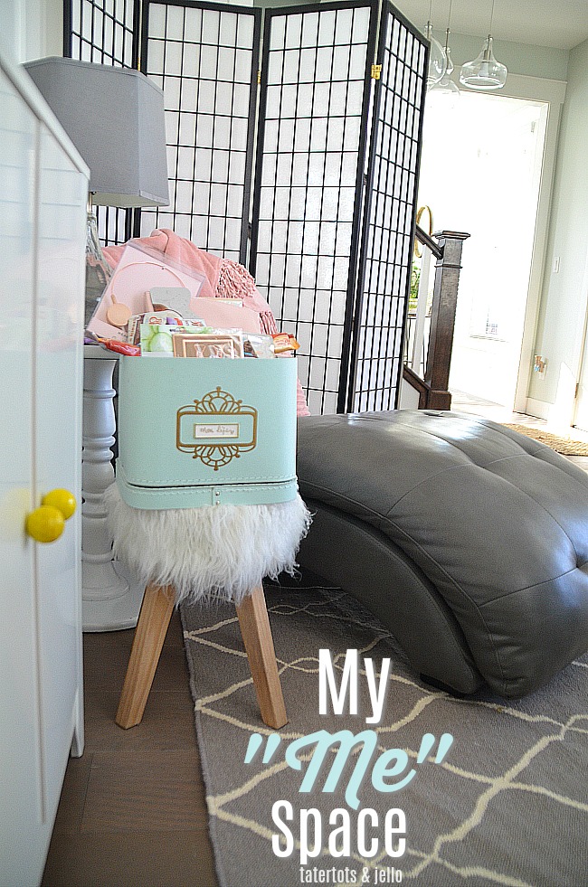 Me Time Mom Space and basket. Carve out a little space in your home for "me" time. Create a basket to keep your "mom time" treats! 