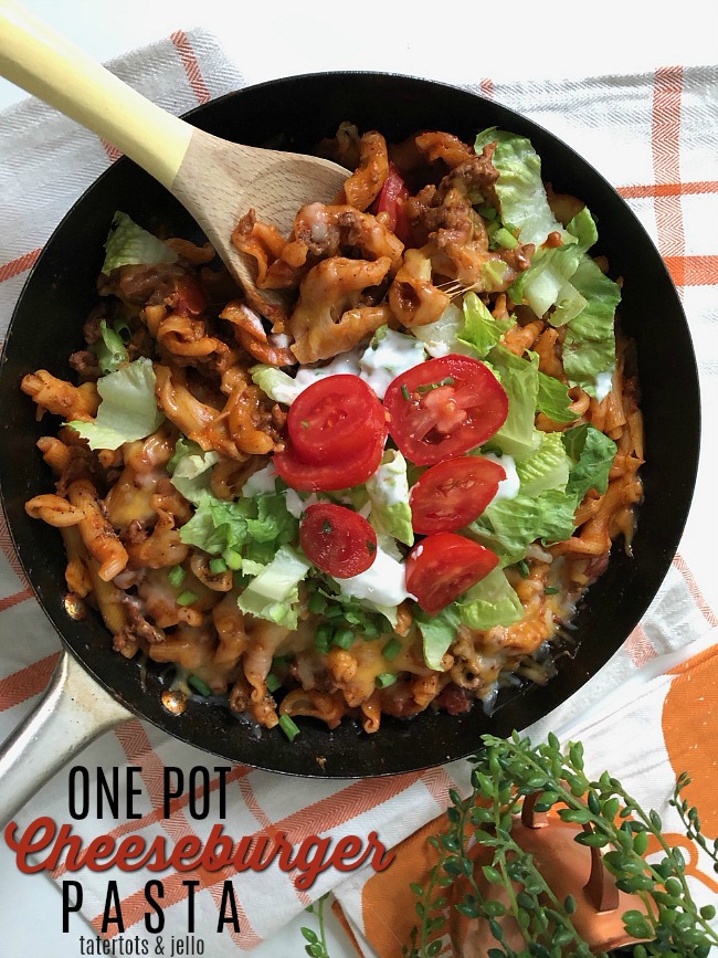 The nice thing about this recipe is that it is one pot. Even the pasta is cooked in the skillet and the pasta, combined with the hearty hamburger and toppings of lettuce and tomatoes is just like a burger -- but better (IMHO)!