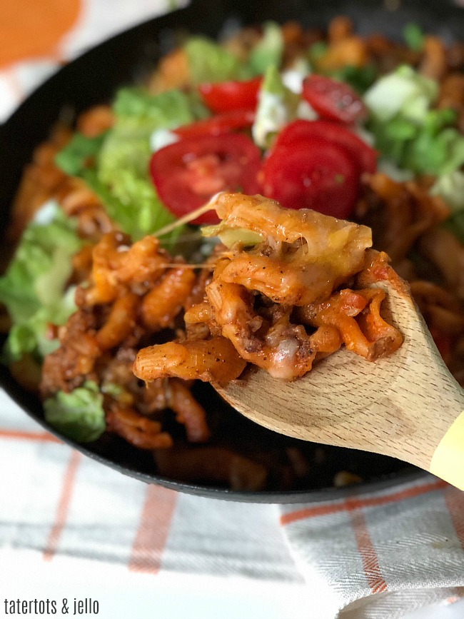 The nice thing about this recipe is that it is one pot. Even the pasta is cooked in the skillet and the pasta, combined with the hearty hamburger and toppings of lettuce and tomatoes is just like a burger -- but better (IMHO)!