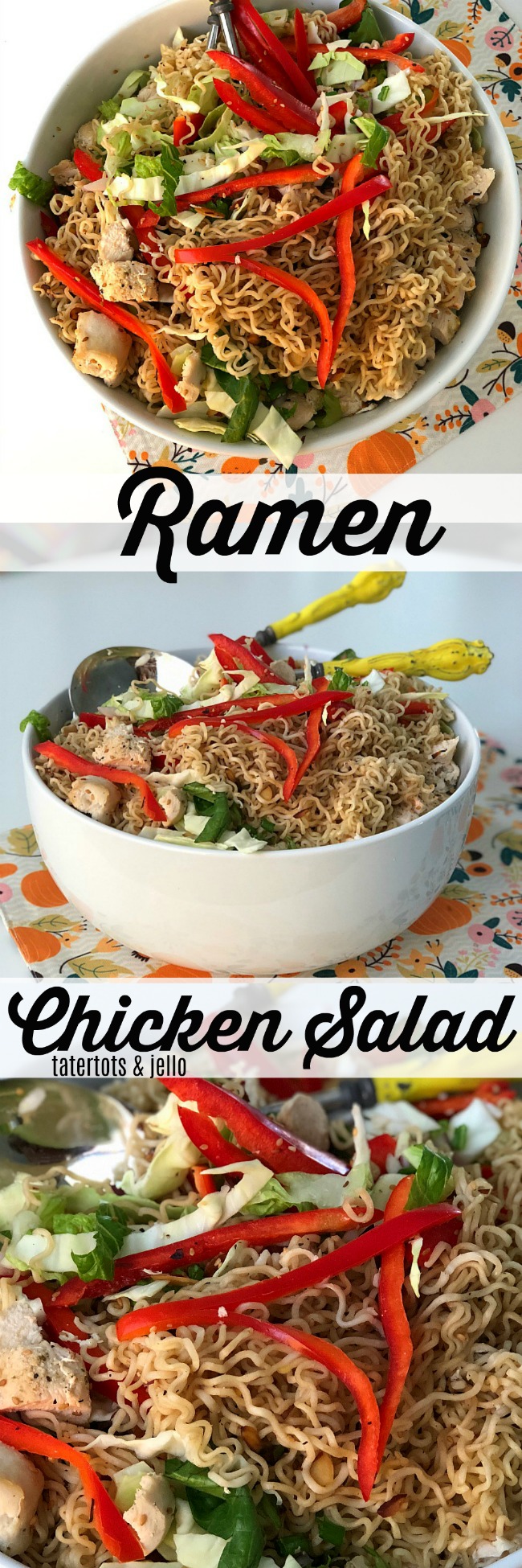 Chinese Chicken Salad is a family secret. Full of crisp cabbage, veggies, filling chicken breasts and topped with ramen noodles. Kids AND parents love it! 