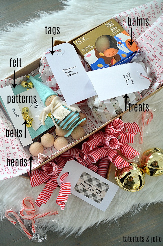 DIY Holiday Gnome Craft Kit Gift Idea. Give a craft night kit as a gift. Make Holiday Gnomes that are also eos lip balms!