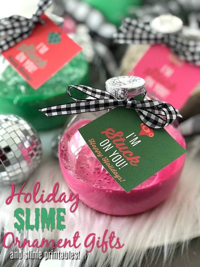 Holiday Slime Ornaments - your kids will love making this glittery slime and giving it to their friends in kid-friendly big plastic ornaments with a special gift tag! 