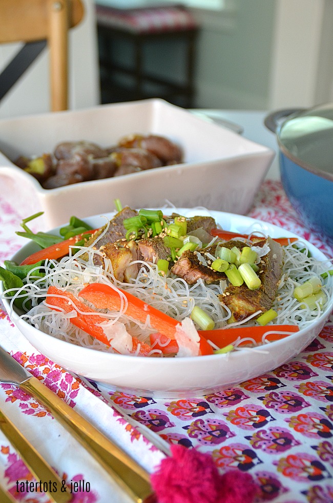 Indian Spiced Steak Salad with Rice Noodles. A refreshing salad with spicy beef, cool noodles and refreshing vegetables!