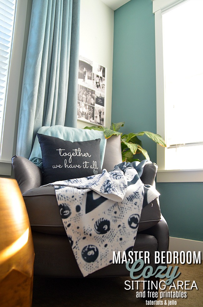 Master Bedroom Cozy Sitting Area and Free Printables. Print off these free printables and create pillows, art and a throw for your bedroom for fall and winter!