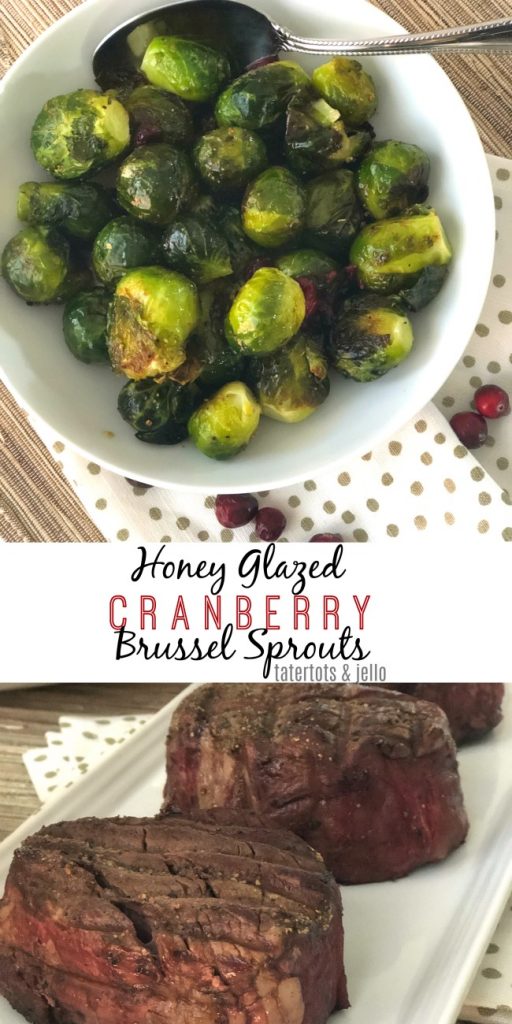 Honey cranberry glazed brussel sprouts are a festive holiday side dish. Perfect with steak!
