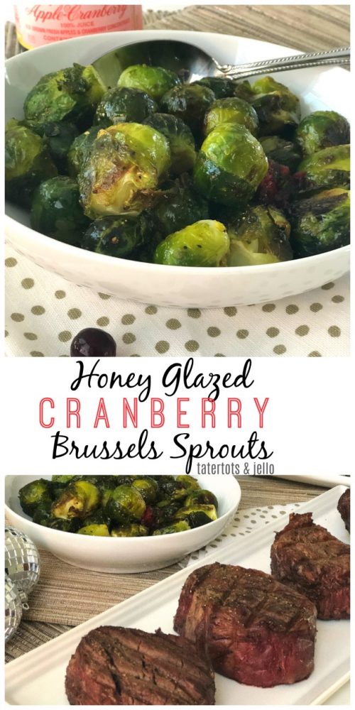 Honey cranberry glazed Brussesl sprouts are a festive holiday side dish. Perfect with steak! 