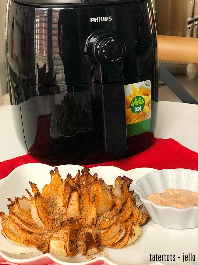 Healthier AirFry Awesome Blossom Recipe - make this ultimate appetizer in your appetizer for a delicious game day treat that beats a crowd and has almost 75% less calories than the deep fried version! 