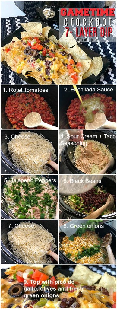 Game Day Warm Crock-pot 7-layer dip - all of the delicious layers blend together in your Crock-pot to create the PERFECT hot dip to serve! 