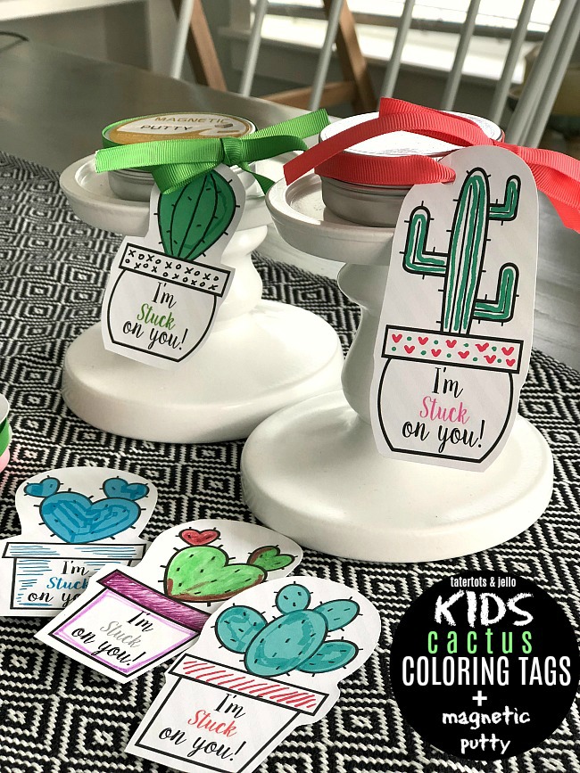 Kids Coloring Cactus Valentine's Day Printable Tags + Magentic Putty = A Delightful Valentine's Day Gift!