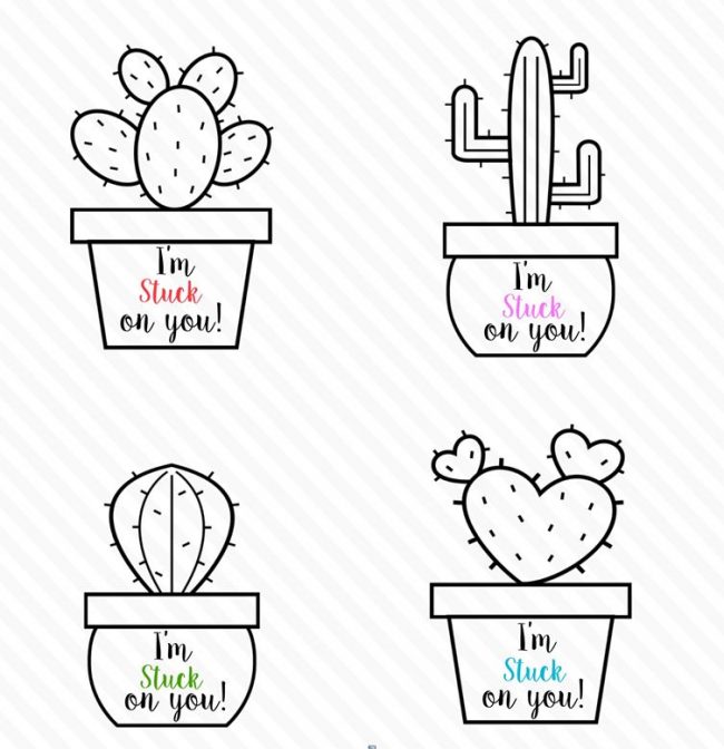Cactus Valentines day kid coloring printable tags 