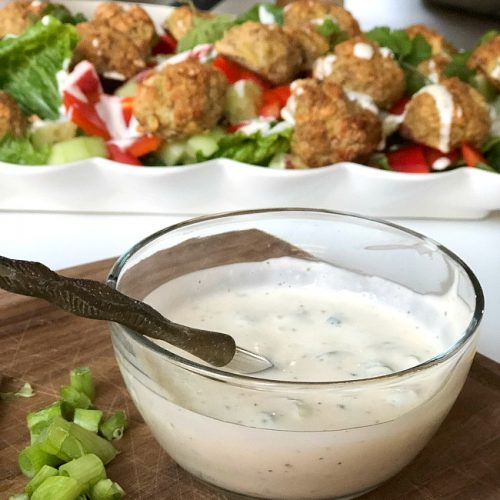 Whole 30 Mediterranean Meatball Salad with Creamy Dressing. Juicy Meatballs with crispy greens and a creamy dressing are delicious and Whole 30 compliant too!