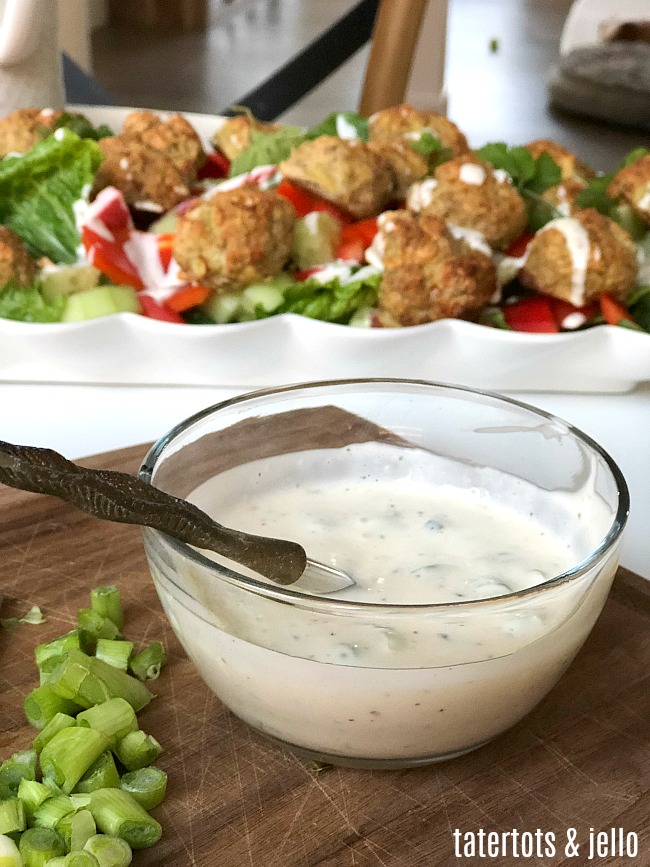 Whole 30 Mediterranean Meatball Salad with Creamy Dressing. Juicy Meatballs with crispy greens and a creamy dressing are delicious and Whole 30 compliant too!