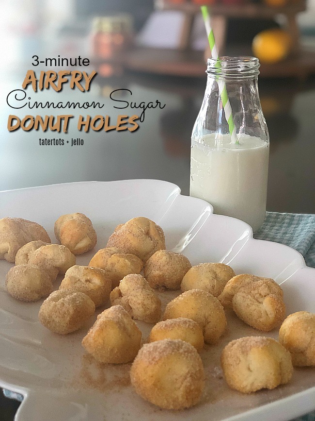 3 Minute Airfry Cinnamon Sugar Donut Holes are so easy to make! You use pre-packaged biscuit dough and they are ready in 3 minutes and much healthier than deep frying! 
