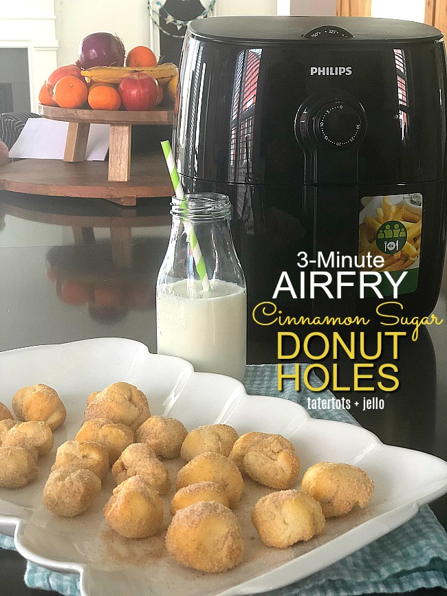 3 Minute Airfry Cinnamon Sugar Donut Holes are so easy to make! You use pre-packaged biscuit dough and they are ready in 3 minutes and much healthier than deep frying! 