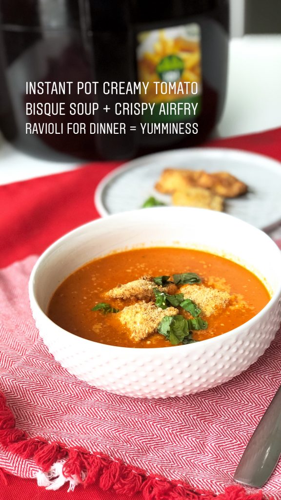 Instant Pot Creamy Tomato Bisque Soup + Crispy Airfry Ravioli is the perfect meal. Easy and fast for your family! 