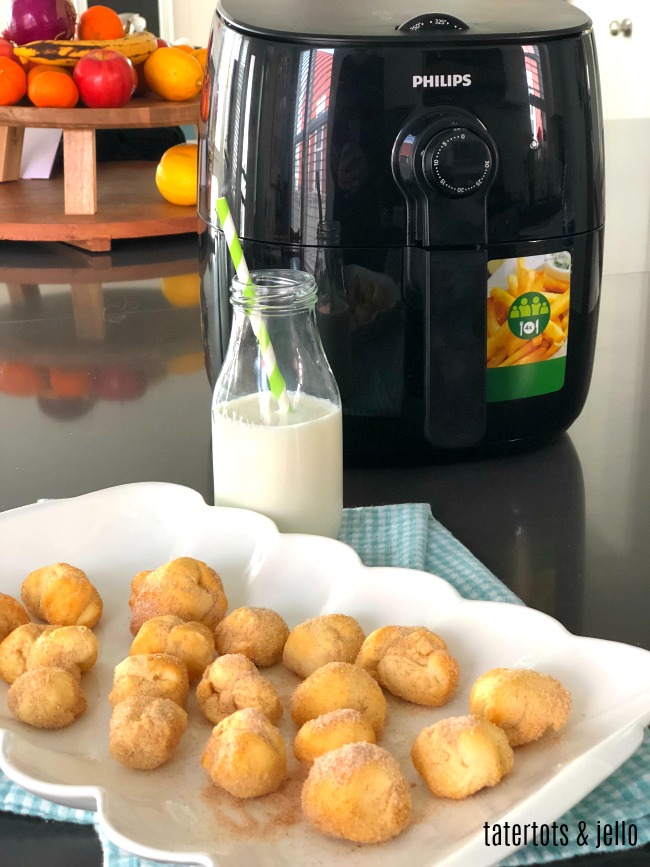 3 Minute Airfry Cinnamon Sugar Donut Holes are so easy to make! You use pre-packaged biscuit dough and they are ready in 3 minutes and much healthier than deep frying!