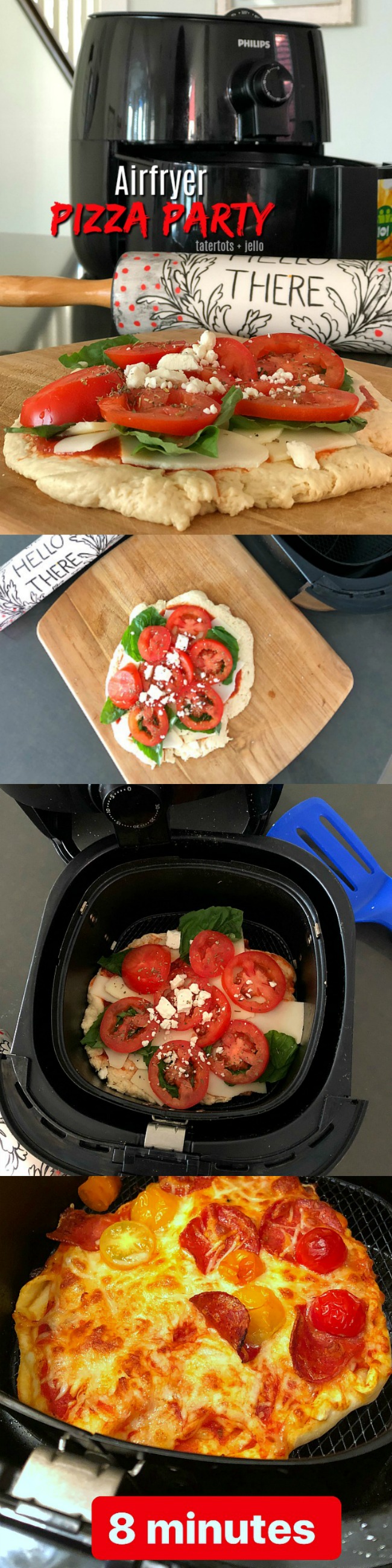 Airfry Pizza Party - kids will love making personalized pizzas. Have everyone make theirs and then cook them in the airfryer. It only takes a few minutes for a perfectly crispy pizza!