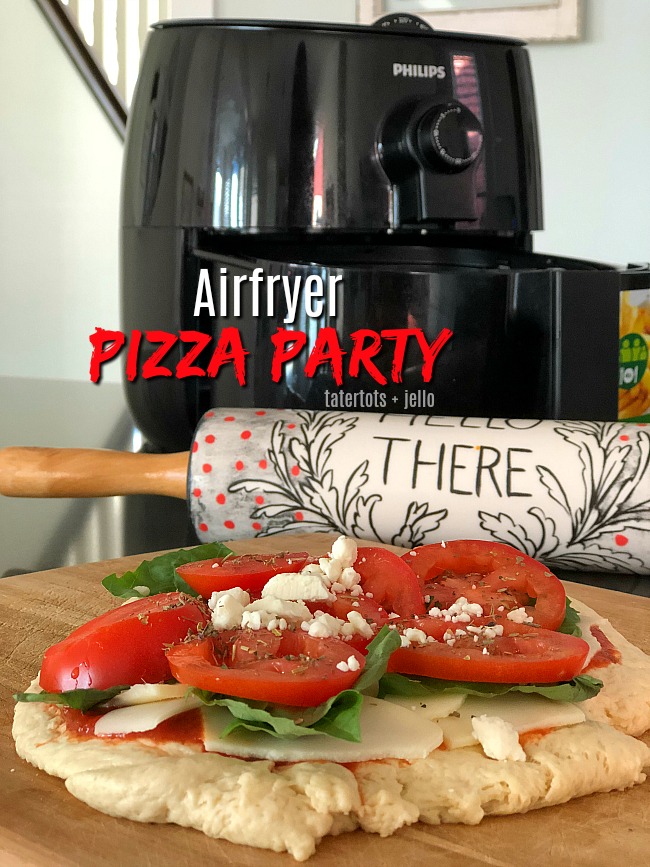 Airfry Pizza Party - kids will love making personalized pizzas. Have everyone make theirs and then cook them in the airfryer. It only takes a few minutes for a perfectly crispy pizza!