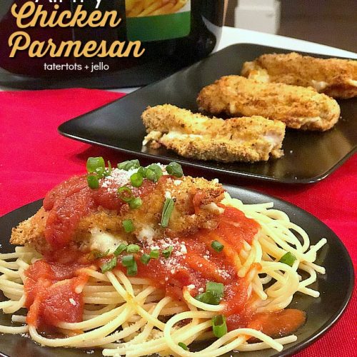 10-minute Chicken Parmesan using the Airfry machine. Much healthier than traditionally fried chicken parmesan. Crispy on the outside, moist on the inside with gooey cheese and a topping of tomato sauce. Yum!