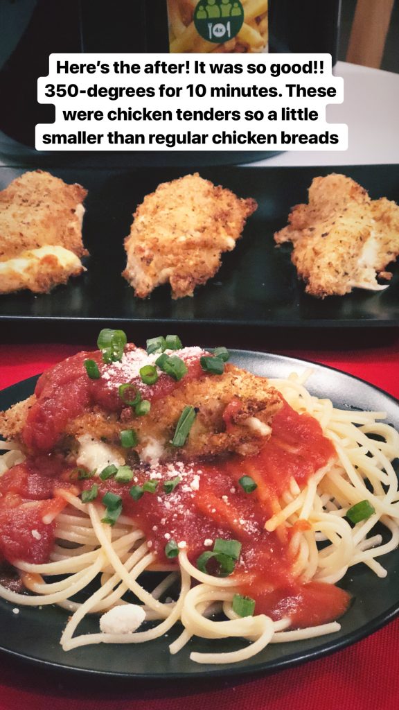 10-minute Chicken Parmesan using the Airfry machine. Much healthier than traditionally fried chicken parmesan. Crispy on the outside, moist on the inside with gooey cheese and a topping of tomato sauce. Yum!