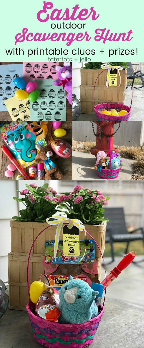 Celebrate Easter with an Outdoor Easter Scavenger Hunt with printable clues! Your kids and teens will love running around the neighborhood solving clues and collecting a basket of super cute treats.