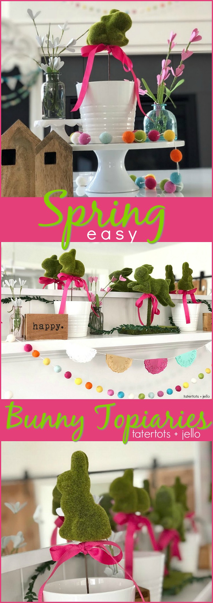 Spring Floral Bunny Topiaries - easy to make a beautiful focal point on a coffee table, mantel or shelf! 