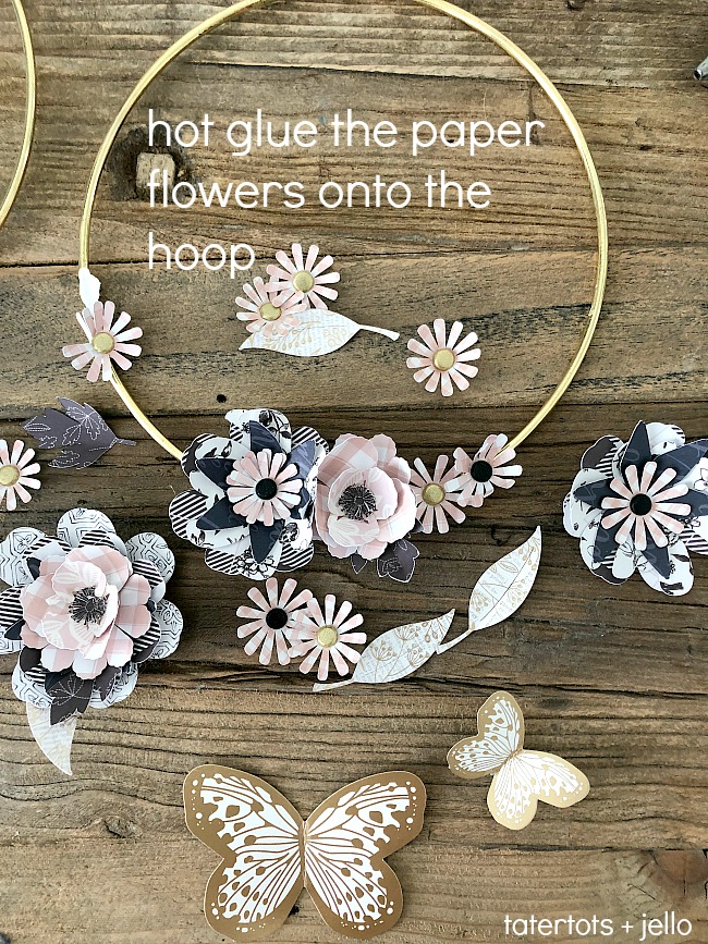 Paper Flower Hoop Wreaths - make paper flowers and add a tag for a personalized wreath for your home!