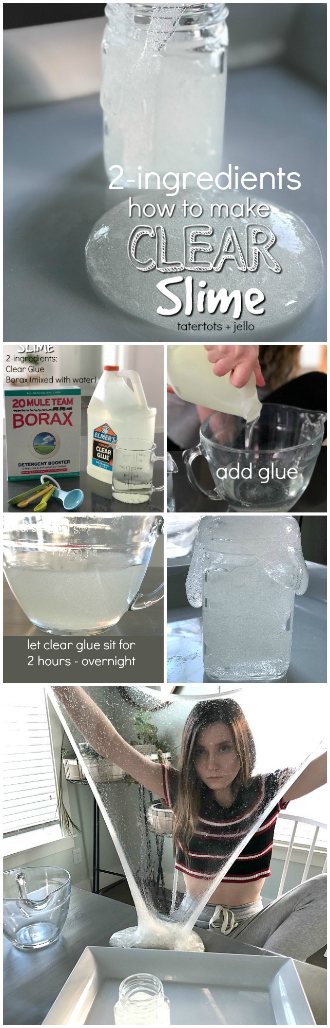 how to make two-ingredient clear slime - so easy and so stretchy! Your kids will love playing with it and adding cool elements.