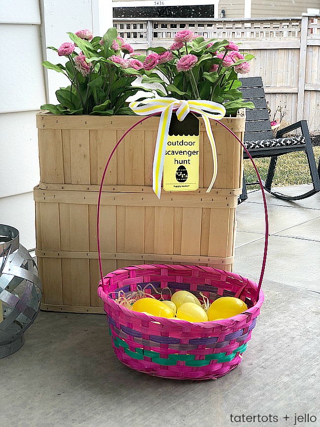 Celebrate Easter with an Outdoor Easter Scavenger Hunt with printable clues! Your kids and teens will love running around the neighborhood solving clues and collecting a basket of super cute treats. 