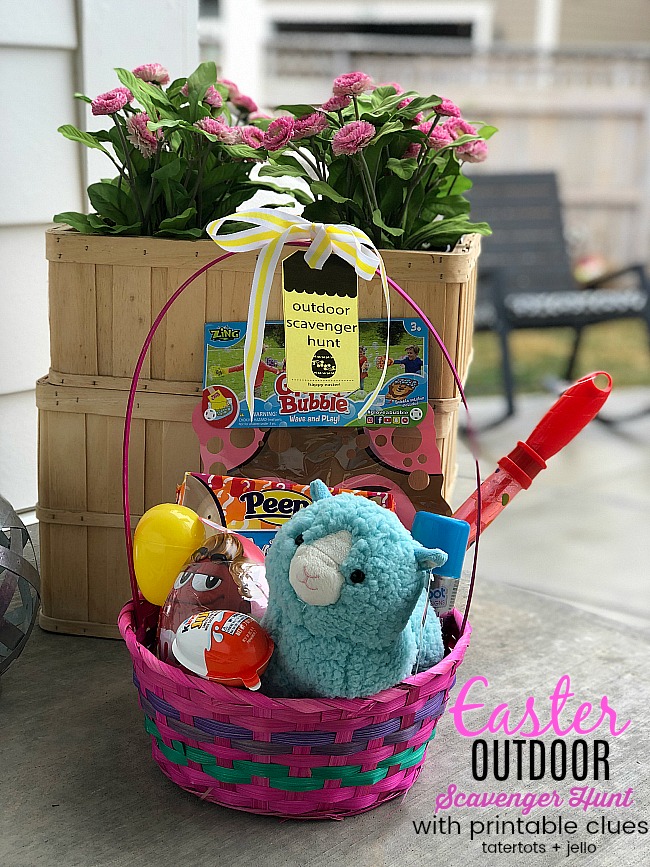 Celebrate Easter with an Outdoor Easter Scavenger Hunt with printable clues! Your kids and teens will love running around the neighborhood solving clues and collecting a basket of super cute treats.