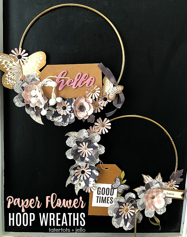 Paper Flower Hoop Wreaths - make paper flowers and add a tag for a personalized wreath for your home!